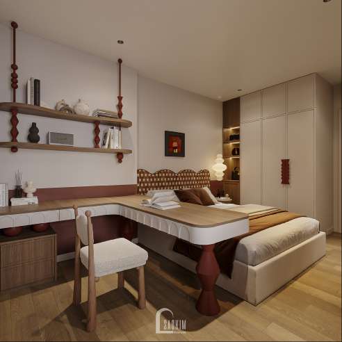 Thiết kế nội thất phòng ngủ chung cư Khai Sơn phong cách Mid-century